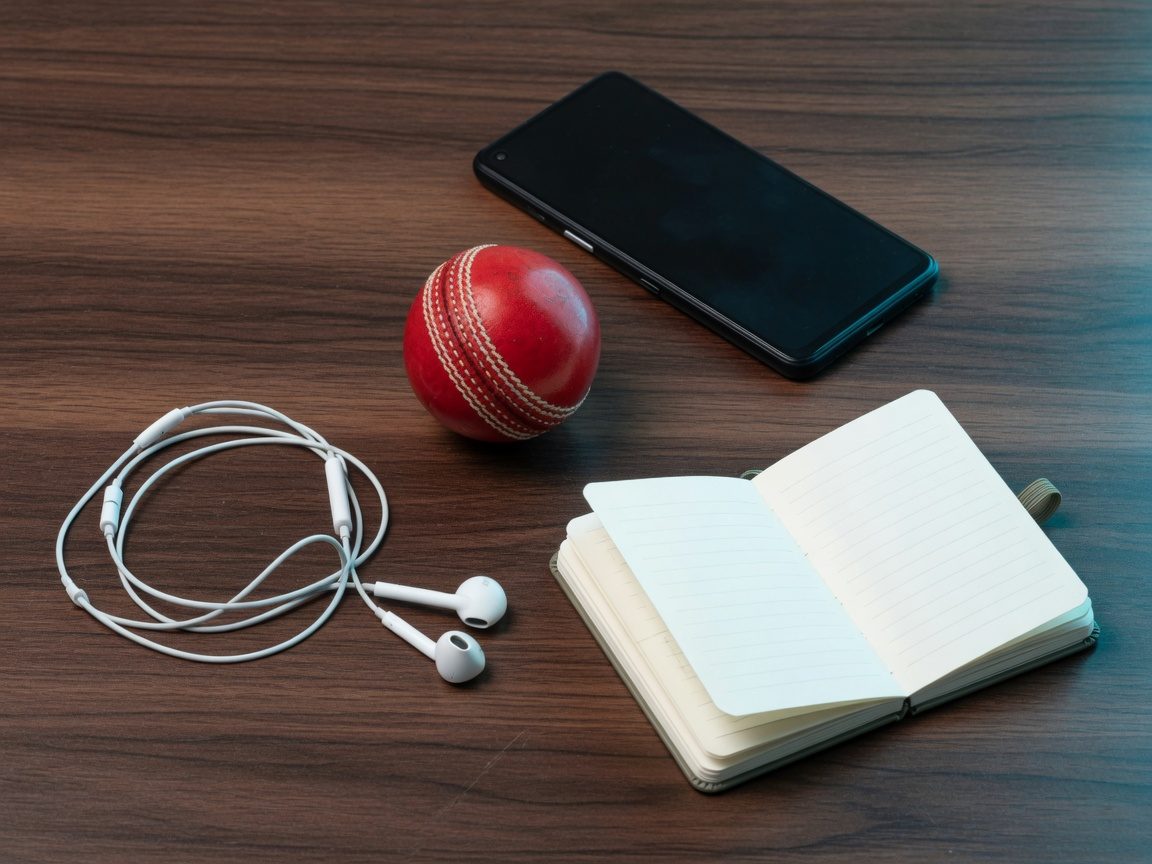 Desk still life: ball, phone, earphones, open notebook