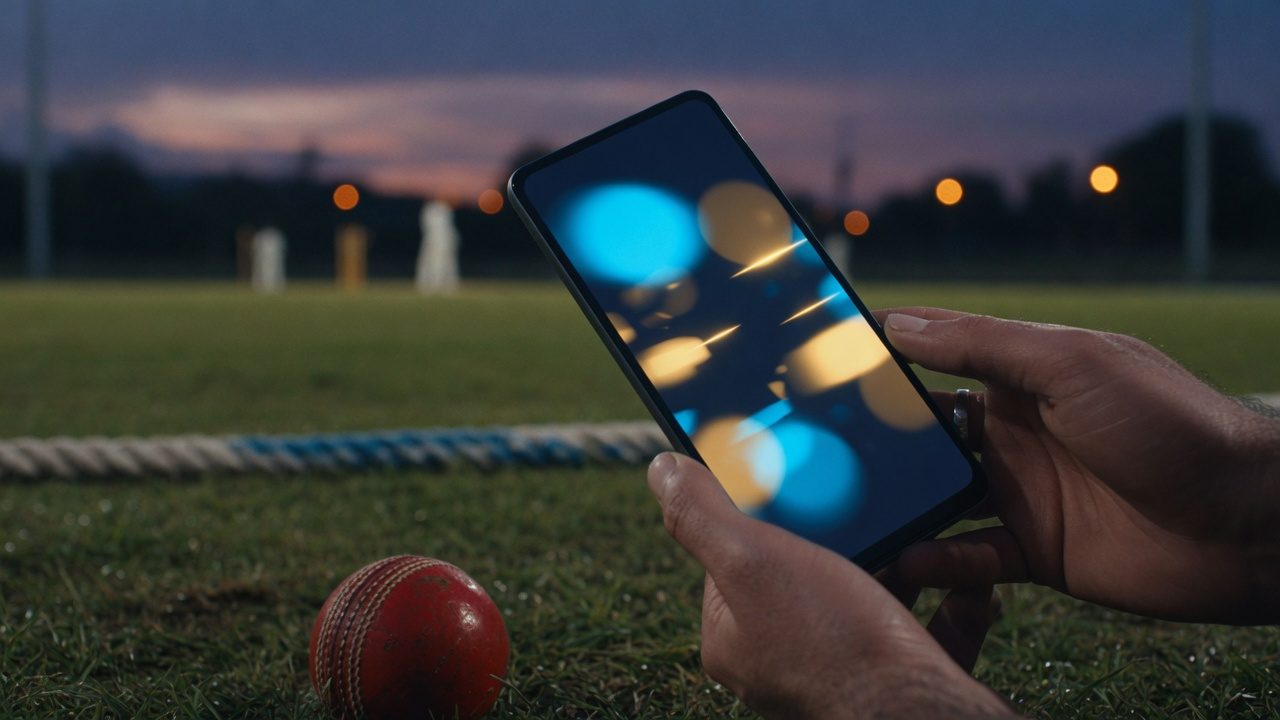 Phone on a dusk cricket field, red ball in the grass