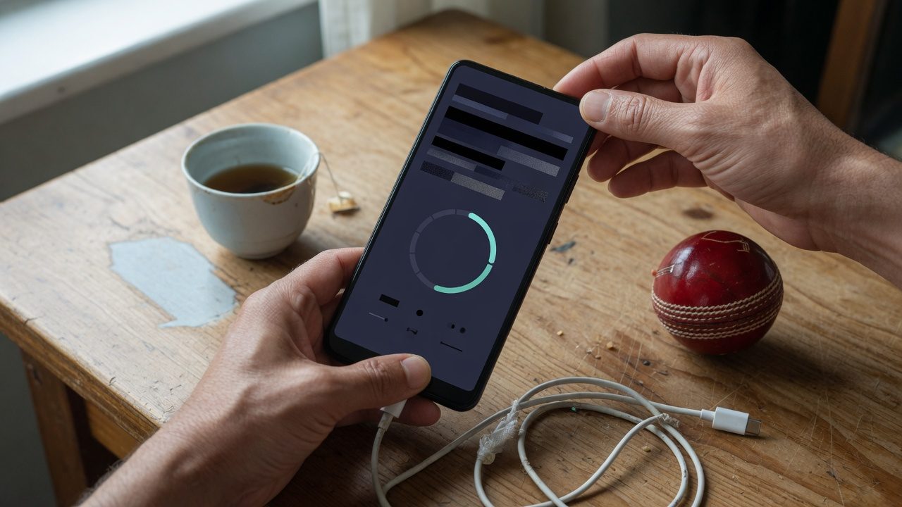 Hands holding a phone with a mint install ring, cricket ball on the table